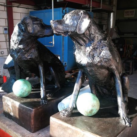 Finished pair of life sized Labradors waiting for their new home by artist Judy Boyt